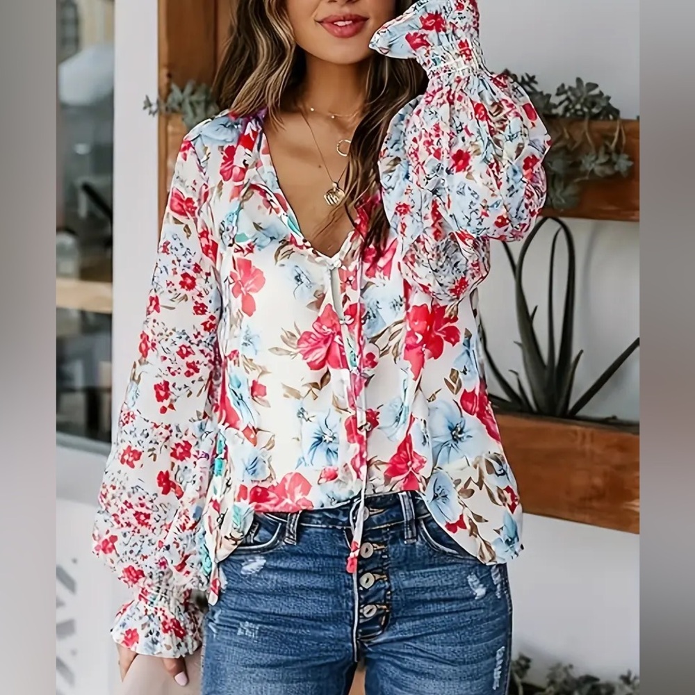 Vibrant Coral Pink Floral V-Neck Long Sleeved Blouse Small
